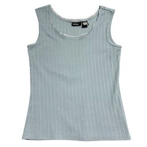 Erika Women's S Blue Sleeveless Tank‎ Top Babydoll VTG Scoop Neck Lace Trim